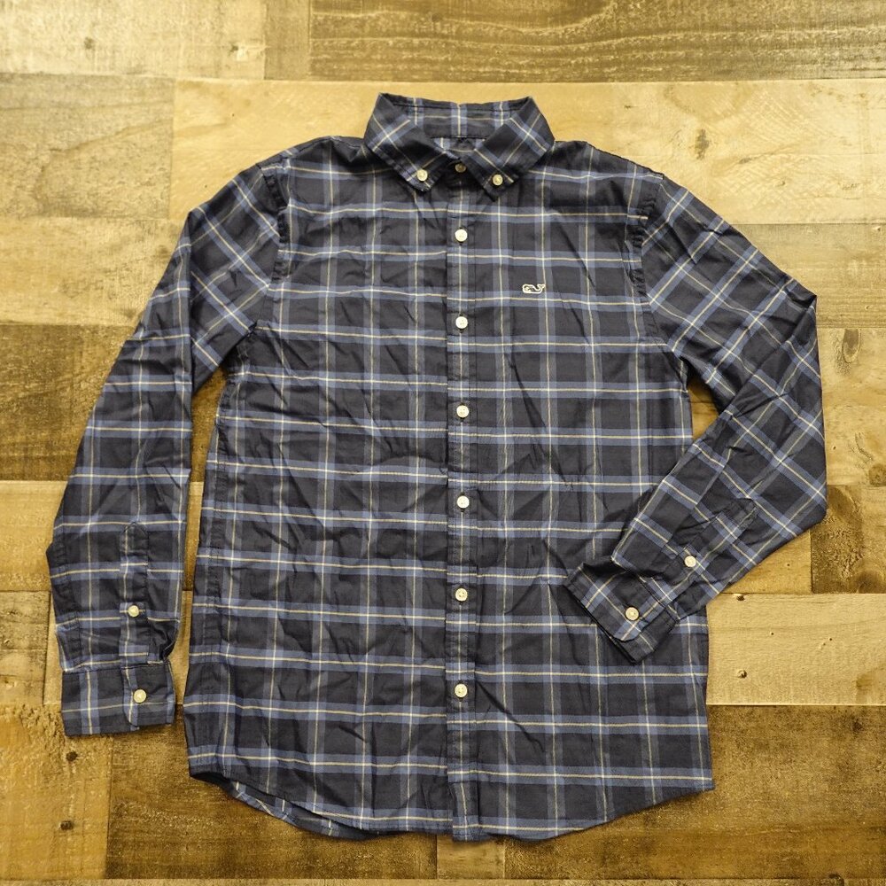 Vineyard Vines OTG Performance Button-Down Boys Medium Blue Plaid Shirt